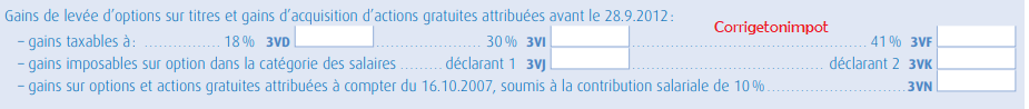 Case de la déclaration fiscale pour déclarer les plus-value d'acquisition sur les stock options ou stock entreprises. Cases 3VD à 3VN.